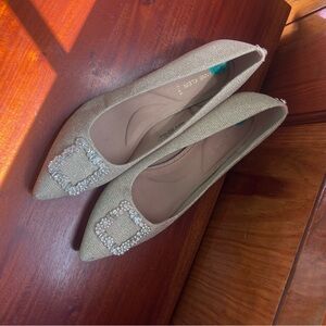 Anne Klein Gold Pointed Toe Flats with Crystal Buckles
